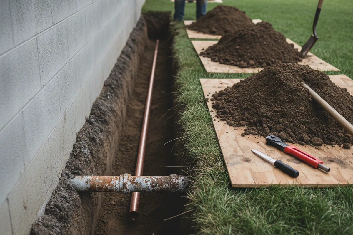 Excavated water line trench during Water Heater Repair in Fallbrook